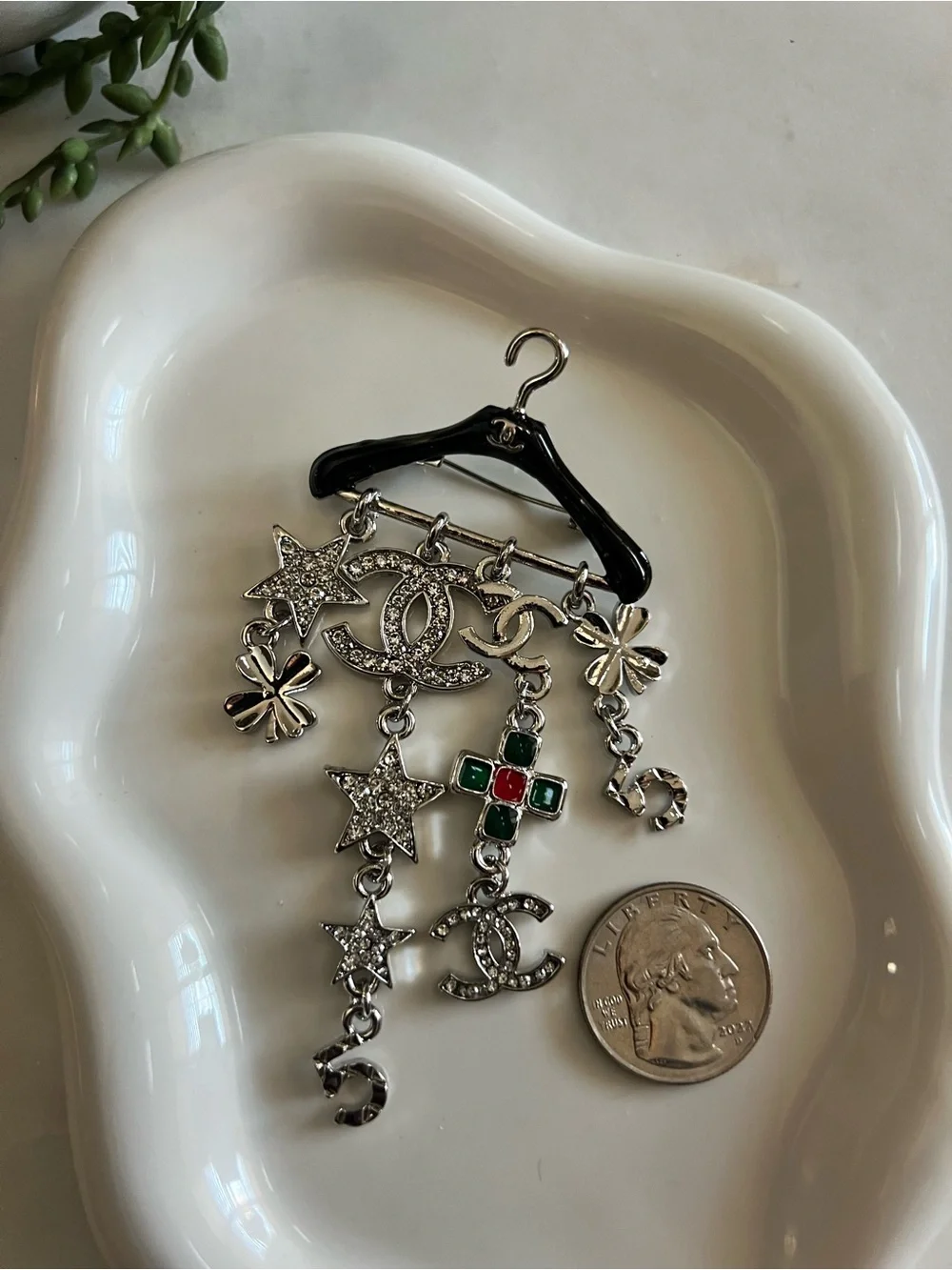 CHANEL Silver-Tone CC Charm Brooch with Black, Green & Red Accents